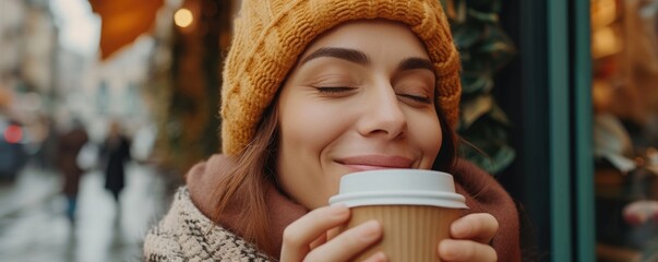 Happy woman with eyes closed and smell takeaway coffee - obrazy, fototapety, plakaty