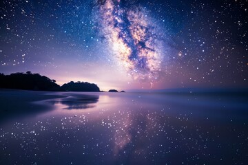 Starry night sky over lake with space reflection. Summer landscape concept. Beauty of nature. Design for wallpaper, banner 