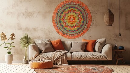 an appealing scene featuring a vibrant mandala on a sandy beige wall, creating a cozy atmosphere...