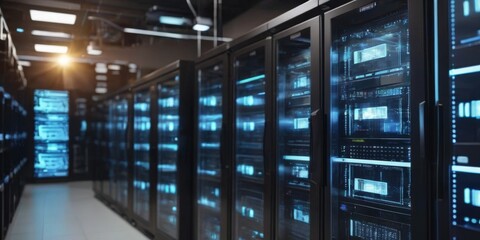 The corridor of a sleek server room basked in ambient light with an array of servers on display. This setting represents the backbone of modern internet and data services. AI generation AI generation