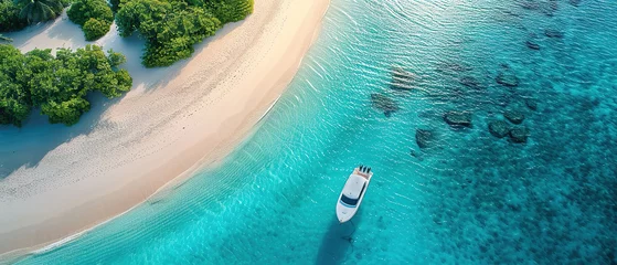Fotobehang a drone shot of deserted sand bank on crystal clear turquoise waters © Uwe
