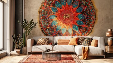 an appealing scene featuring a vibrant mandala on a sandy beige wall, creating a cozy atmosphere...