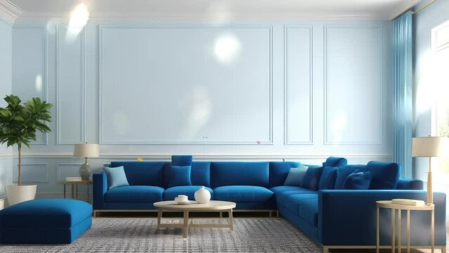 3D rendering. Living room interior with blue sofa.