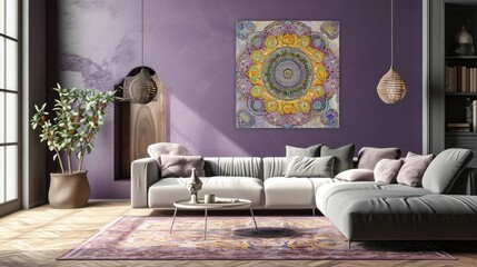 an appealing composition showcasing a vibrant mandala on a soft lavender wall, creating a serene...