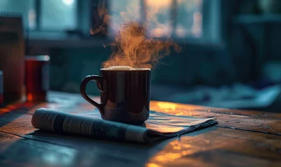 Selbstklebende Fototapeten coffee cup or mug on wood table. Fresf hot coffee in cup from side view © Filip