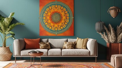 an appealing composition showcasing a vibrant mandala on a muted seafoam green wall, creating a serene ambiance with a stylish sofa.