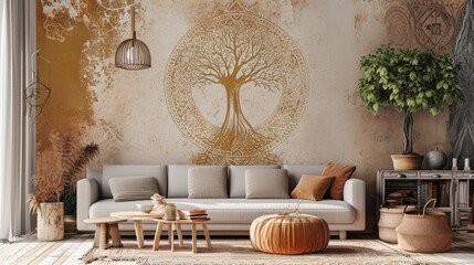 an aesthetically pleasing scene of a tree mandala design on a soft-toned wall, paired with a...