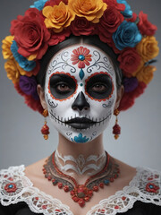 Woman With Dia De Los Muertos Makeup Isolated On White
