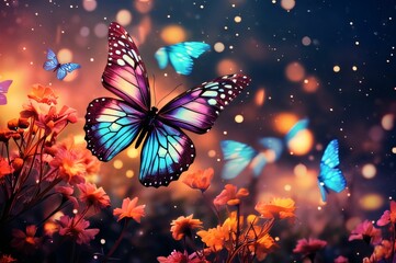 Beautiful butterfly on flower background with bokeh effect and lights