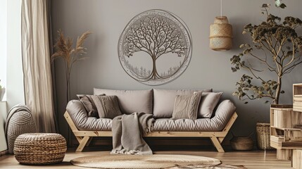 an aesthetically pleasing scene of a tree mandala design on a soft-toned wall, paired with a stylish sofa.