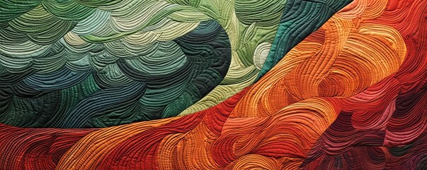 an abstract quilt made of red and green colors, in the style of naturalistic landscape backgrounds