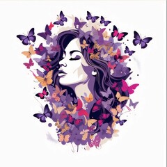 Beautiful woman with butterflies in her hair. Vector Illustration.