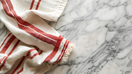 Flat lay. White and red kitchen towel on a marble kitchen counter