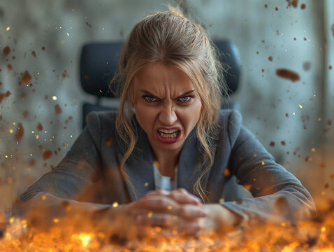 Furious Businesswoman in Fiery Office. Woman in formal office attire sits at her desk, surrounded by flames and sparks, visually representing her intense anger.