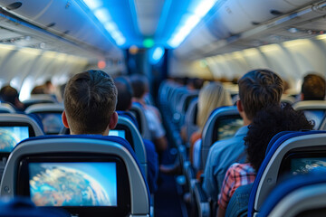 Coach passengers on a commercial flight, equipped with built-in TV screens