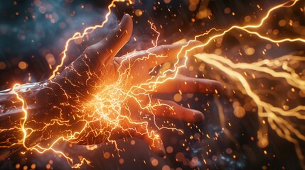 A front view of a hand gripping lightning in stunning 16k resolution, emphasizing intricate details that elevate the image to a premium level - obrazy, fototapety, plakaty