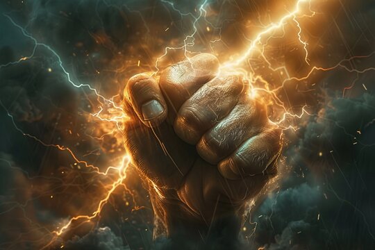 A high-quality front view image of a hand grasping a bolt of lightning, exuding a sense of power and intensity while maintaining an ultra-detailed and premium appearance