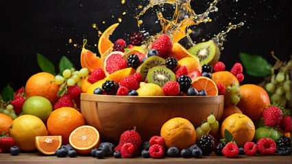 A variety of fresh fruits default to a creatively colorful mix - obrazy, fototapety, plakaty