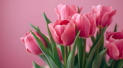 Fototapeta premium Vibrant Pink Tulips in Full Bloom Against a Soft Pink Background copyspace