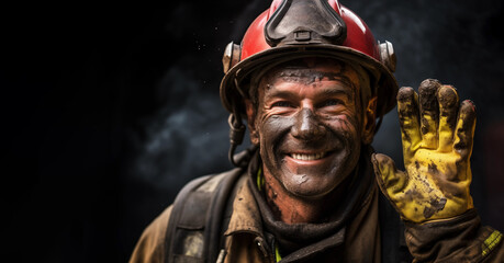 A close-up photo of a happy firefighter with soot on his face, high fiving
