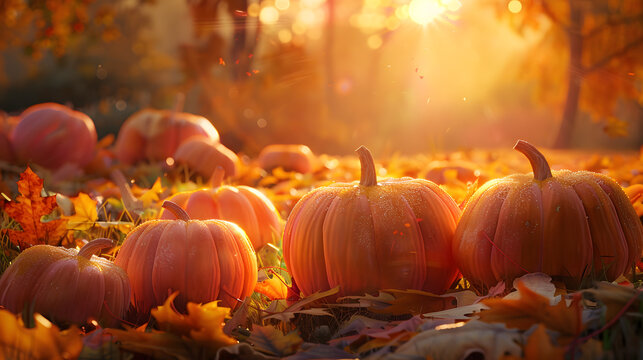 A group of pumpkins arranged in a circle, with details of the pumpkins' different shapes and sizes, the autumn leaves scattered around them, and the setting sun in the background.