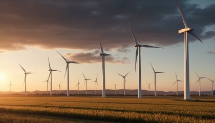 The golden light of sunset bathes a wind farm, casting long shadows across the field. This image portrays the peaceful coexistence of agriculture and renewable energy. AI generation AI generation