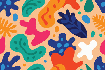 Fototapeta na wymiar Abstract matisse inspired pattern set with colorful freehand doodles. Organic flat cartoon background collection, simple random shapes in bright childish colors