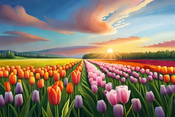 a field of vibrant tulips. tulip flowers oil painting. red pink blue colors. aesthetic look. ai generated