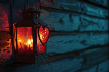Red valentine candle lantern heart shape dark tone.