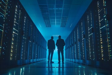 Technicians managing servers in a modern data center with cooling systems powering the interconnected digital world. Concept Data Center Technicians, Cooling Systems, Server Management