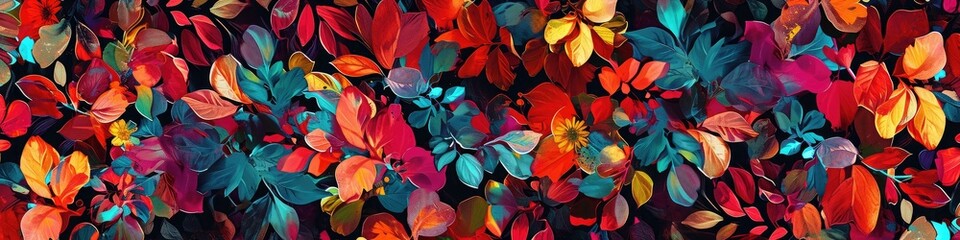 an abstract and seamlessly flowing floral vine pattern, featuring a rich palette of colors that effortlessly intertwine. - obrazy, fototapety, plakaty