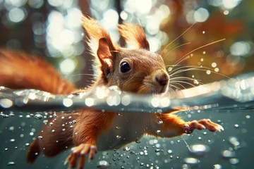 Schilderijen op glas A squirrel is swimming in a body of water. The water is murky and the squirrel is the only thing visible. a beautiful photo of a squirel, swimming in water. portrait of funny animal © Nataliia_Trushchenko