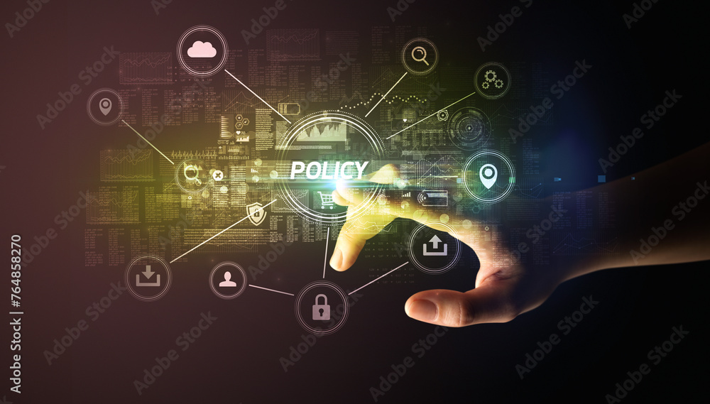 Poster hand touching cybersecurity button concept