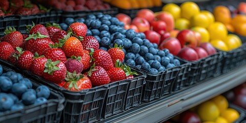 many kind of fresh fruits and berries on shelves in grocery supermarket store, orange, lemon, strawberry, blueberry,  Generative Ai	
