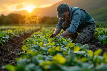 An image of a farmer carefully tending to his crops at dusk, conveying dedication and agriculture