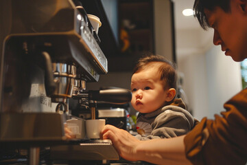 Fototapeta na wymiar bonding moment between an Asian little baby boy and an adult figure, as they share the experience of operating a coffee machine together in a stylish kitchen, photo