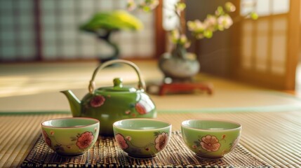 An intimate tea ceremony with a delicate porcelain teapot and cups painted with intricate floral designs. 