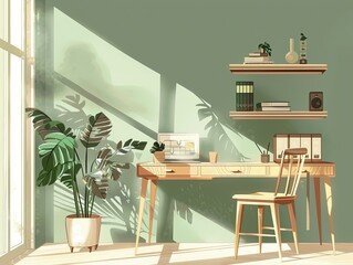 an office desk and chair with wall and a plant that sits on the shelf