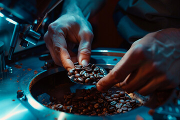 mesmerizing close-up shot capturing the texture and aroma of freshly roasted coffee beans held...