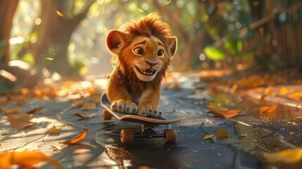 A cheerful animated lion cub rides a skateboard on a path covered with fallen leaves. - obrazy, fototapety, plakaty