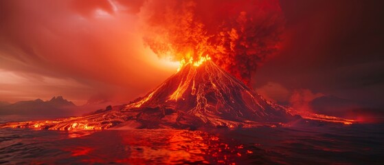 Rendering of volcanic mountain erupting in 3D - obrazy, fototapety, plakaty