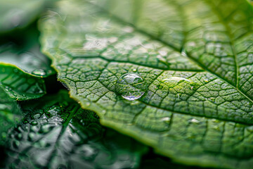 Icon of CO2 reduction on a green leaf with a water droplet, representing the decrease of CO2, carbon footprint, and carbon credit to limit global warming from climate change. Concept of Bio Circular G - obrazy, fototapety, plakaty