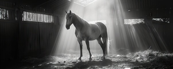 Black and white picture of horse stands in a stable - obrazy, fototapety, plakaty