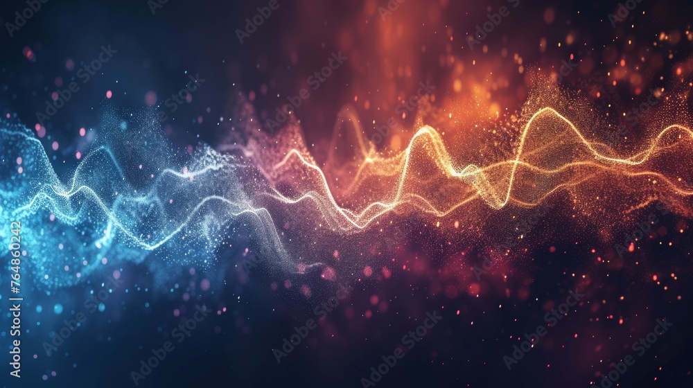 Poster abstract digital particles wave and lighting effect on dark background