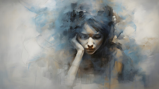 Abstract portrait of a woman of expressionist art, vector. Sadness image concept