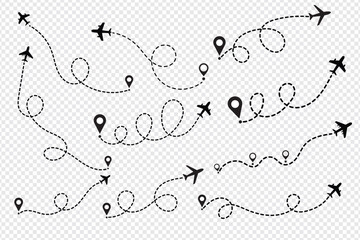 Airplane dashed lines path with start point and dash line trace vector set. Travel concept. Airplane routes - obrazy, fototapety, plakaty