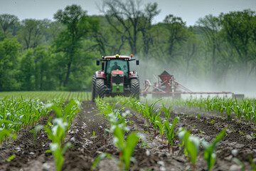 Tractor applying fertilizer to corn crops in spring