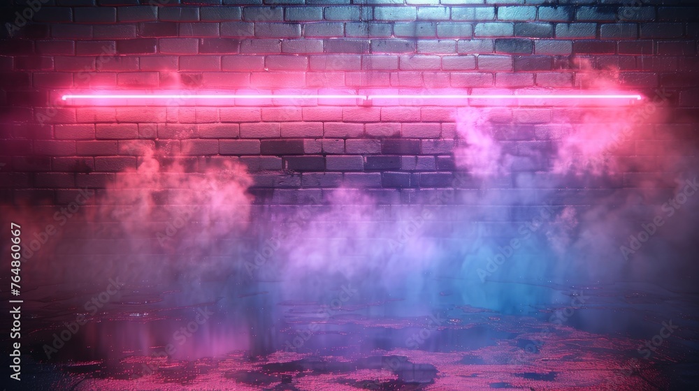 Poster neon light reflecting off wet asphalt and neon brick wall. empty scene with copy space.