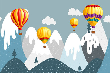3d wallpaper in the children's room. Mountains. Airplane. Air balloon