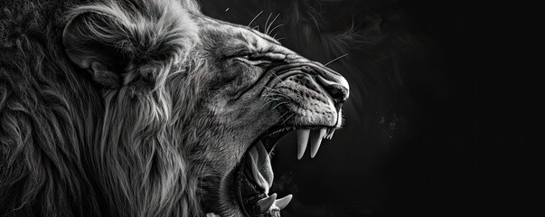 Aggressive lion head detail in black and white color.